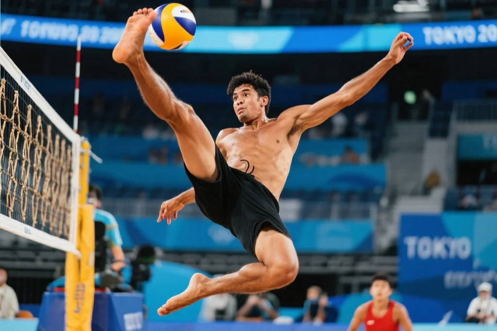 藤球运动员展示高难度空中踢球