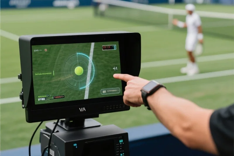 裁判使用VAR系统审查判罚，背景是鹰眼系统判定网球落点