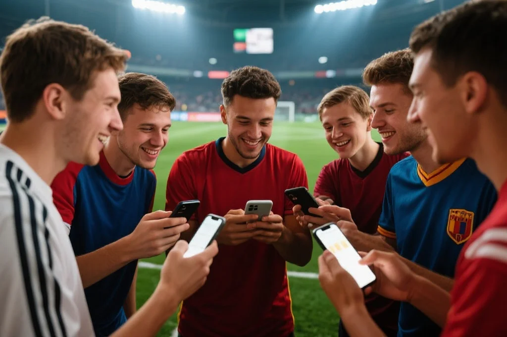 一组体育爱好者正在手机上热烈讨论和预测即将举行的足球比赛